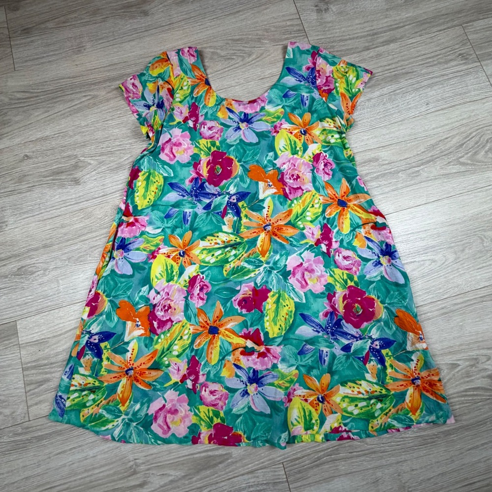 Vintage 90s Jams World Tiger Lily Floral Mini Dress Lace‎ Up Back Teal Small